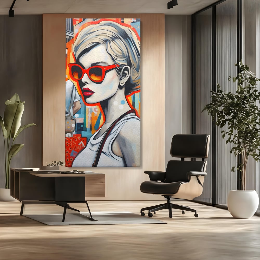 Tablou canvas cu tablou canvas cu portret stilizat de femeie, fara rama, pe sasiu de lemn, pe perete intr-un birou